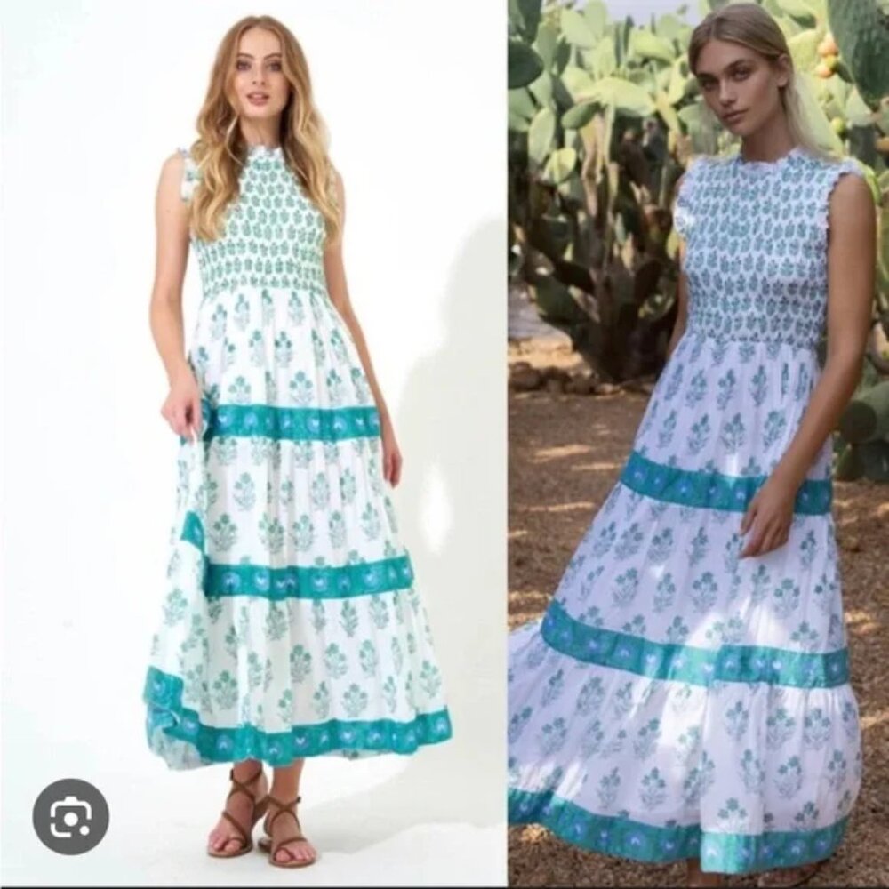 NWT $298 Oliphant Indica Blue Smocked Sleeveless Maxi Dress XXS